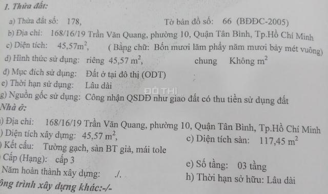 Chính chủ bán nhà hẻm 168/16 Trần Văn Quang