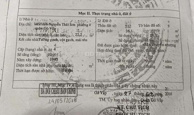 Bán nhà số 145/18/6 Nguyễn Thái Sơn, Phường 5, Gò Vấp. Diện tích: 5,7x6m, công nhận: 26m2