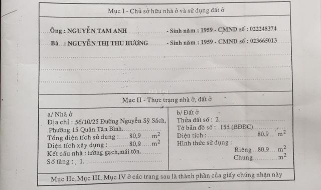 Cần tiền bán nhà MT đường Nguyễn Sỹ Sách, P. 15, Q. Tân Bình, TP. HCM giá rẻ