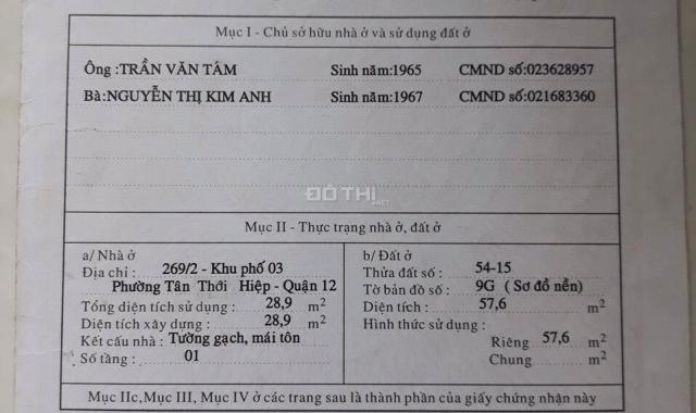 Cần bán nhà hẻm thông, Tân Thới Hiệp 7, 72m2, 3,65 tỷ. 0707438005