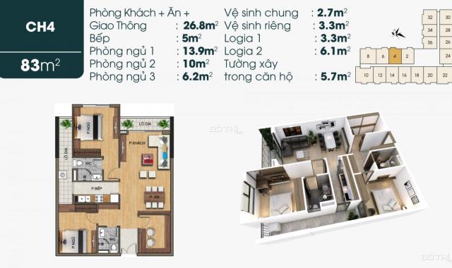 Bán căn 3PN DT 83m2 view Vinhome Riverside. Sắp nhận nhà, giá 26 tr/m2 có đồ, hỗ trợ trả góp 20 năm