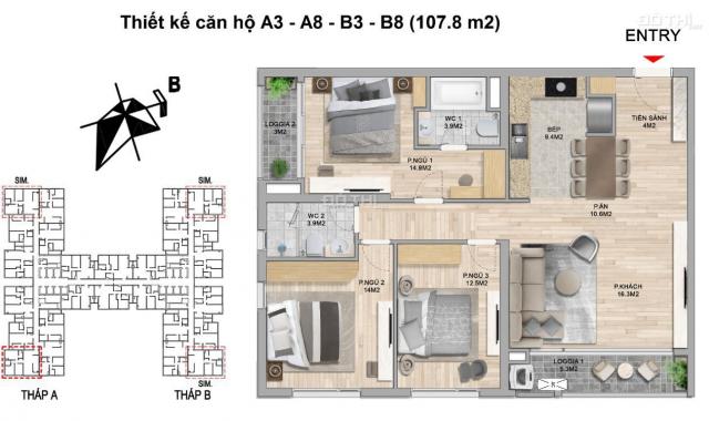 Bán căn góc số 03, 08 107,7m2, 3 PN, 2 logia, 2 WC, view hồ điều hòa, bàn giao full NT The Zei