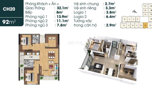 Căn hộ cao cấp 3PN gần Aeon Mall Long Biên 92m2, giá rẻ hơn thị trường gần 300 triệu