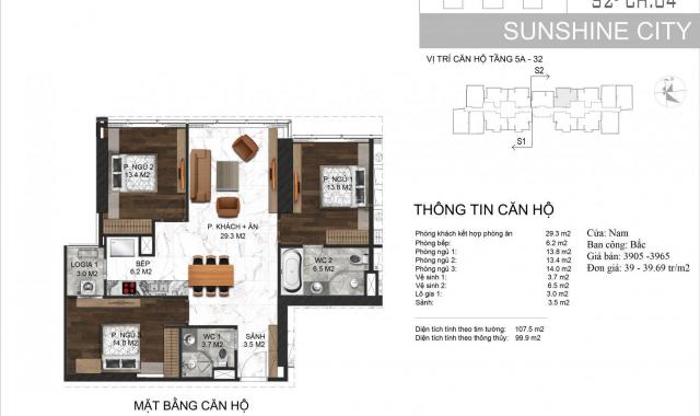 Sốc giá chỉ 36 tr/m2 (có VAT + KPBT) căn hộ 99.9m2 cạnh vườn treo da Sunshine City - ngoại giao