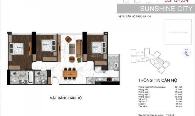 Bán căn hộ 3PN thiết kế đẹp nhất dự án Sunshine City, 3PN 105m2 cửa Tây Nam tầng 10. Giá 4.61 tỷ