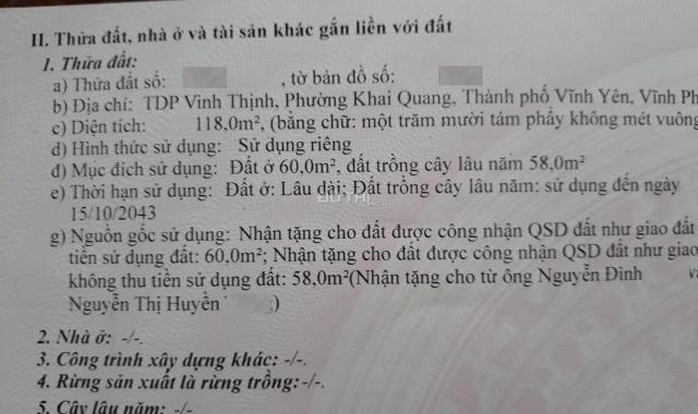 Bán đất tại đường Nguyễn Tất Thành, Phường Khai Quang, Vĩnh Yên, Vĩnh Phúc, DT 118m2, giá 17 tr/m2