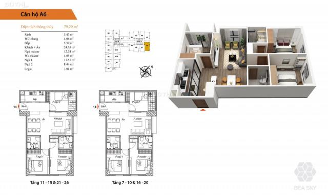 Cần nhượng lại căn A06 chung cư Bea Sky Nguyễn Xiển: 79.3m2, 3PN, ban công Đông Nam cực kỳ thoáng