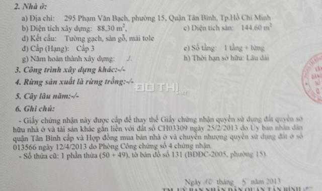 Chính chủ đi nước ngoài cần bán lỗ nhà mặt tiền 295 Phạm Văn Bạch, P15, Q. Tân Bình