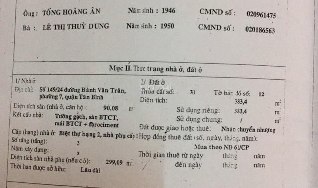 Chính chủ Cần bán gấp nhà hẻm 149 Bành Văn Trân, P7, Tân Bình