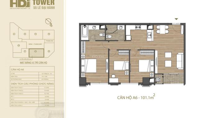 Bán suất ngoại giao căn A6/3PN, DT 101.1m2 tầng cao, vuông đẹp, nội thất CC, 9.7 tỷ, HDI Tower