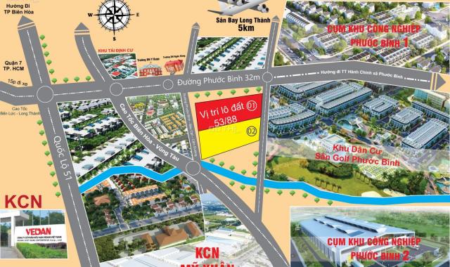 Đất xã Phước Bình, Long Thành đường dẫn Sân Bay Long Thành, sổ riêng, có thổ cư, nở hậu cạnh KCN