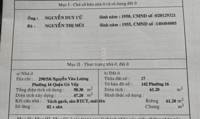 Bán nhà 61.2m2 Nguyễn văn Lượng, P17 Gò Vấp, chủ đang rất cần tiền, giá nào chủ cần bán