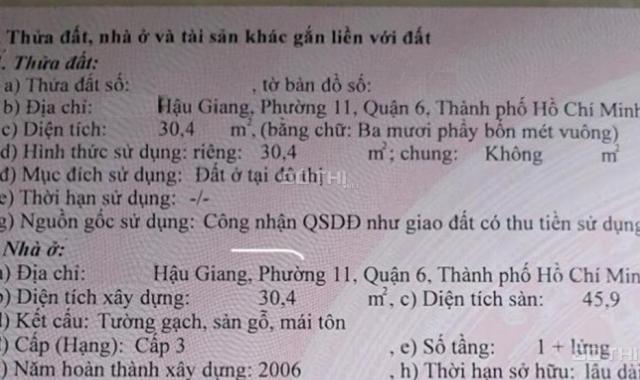 Nhà hẻm Hậu Giang, 5x6m (30.4m2) - Phường 11, Quận 6