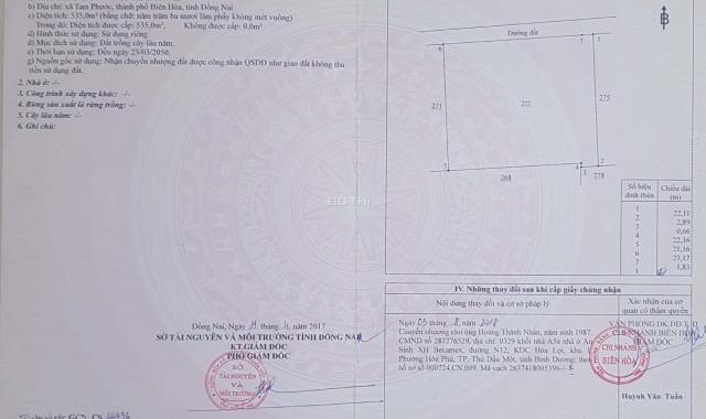 Bán đất Tam Phước 525m2, sổ hồng riêng, giá chỉ 4,3tr/m2