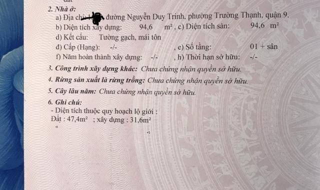 Bán gấp nhà cấp 4 mặt tiền Nguyễn Duy Trinh, P. Trường Thạnh