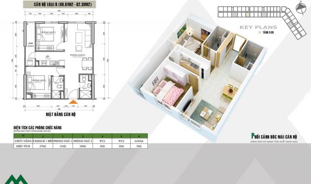 Bán căn hộ 2 ngủ, S= 62 m2, giá 1.23 tỷ, bao phí, có đồ. Dự án HH2 Xuân Mai Complex Dương Nội