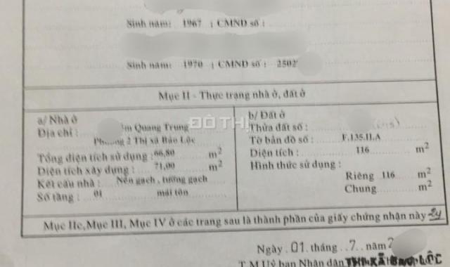 Bán gấp nhà Bảo Lộc, Lâm Đồng 116m2 (4.3 x 27) m / Giá 3 tỷ 7 TL
