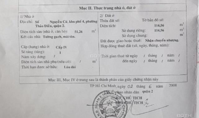 Đất thổ cư đường Nguyễn Cừ, Thảo Điền, Quận 2. Diện tích: 114,56m2, giá tốt