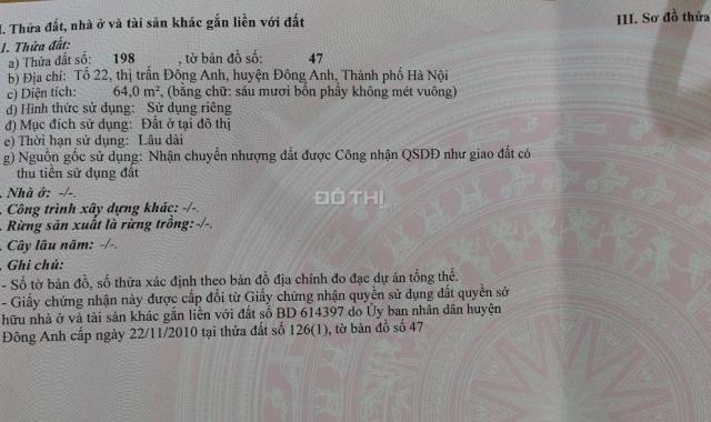 Cần bán gấp 64m2 tổ 22, Thị trấn Đông Anh, Đông Anh, Hà Nội. Đường trải nhựa 4m