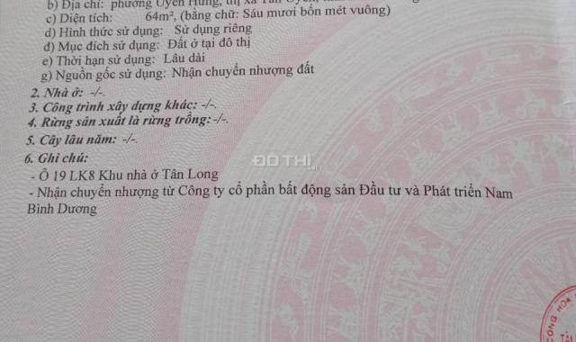 Bán đất ngay chợ Quang Vinh 3 Hội Nghĩa, Tân Uyên KDC Tân Long 1 DT 4x16m=64m2 TC 100%