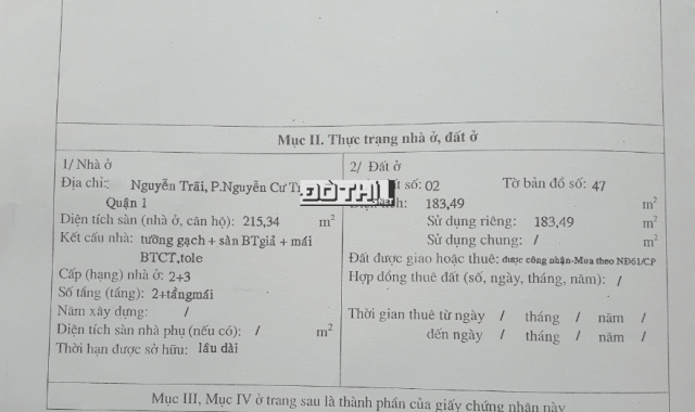 Bán nhà mặt tiền Nguyễn Trãi, Q1, 2 tầng + áp mái, DT thực 207m2, sổ hồng