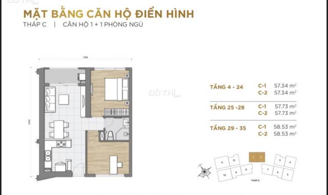 Bán căn hộ 2PN 1 + 1 The Palace 58m2 view ngoài 3,620 tỷ