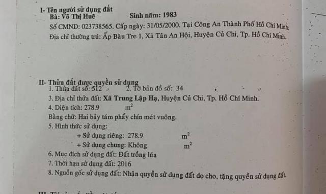 Cần bán đất 928m2 có 500m2 thổ cư đường Nguyễn Thị Rành, xã Trung Lập Hạ, Củ Chi