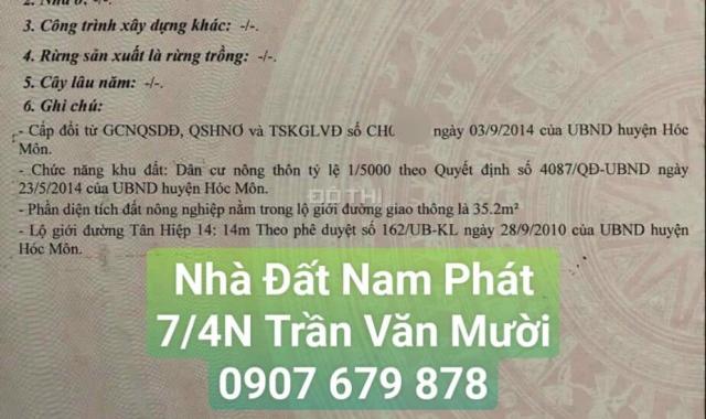 Đất Hóc Môn 15x40m, mặt tiền Tân Hiệp 14, đường 14m thông KDBB sung, gần ủy ban xã TH, Song Hành