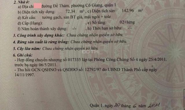 Bán nhà mặt tiền đường Đề Thám, Quận 1: 3.65m nở hậu 3.8m x 24m, công nhận 72.34m2, nhà cũ