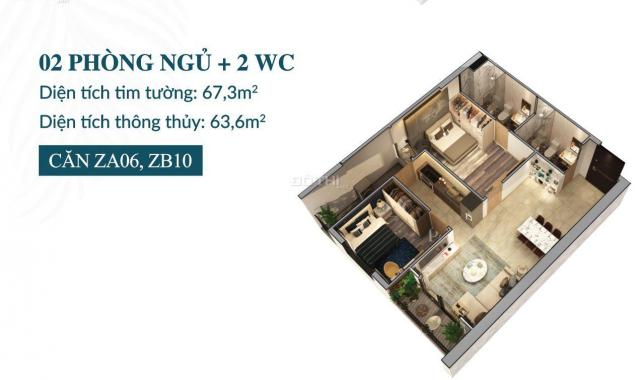 Bán gấp căn 2PN ban công Nam diện tích 64m2 thông thủy, giá 2.67 tỷ, bàn giao full nội thất