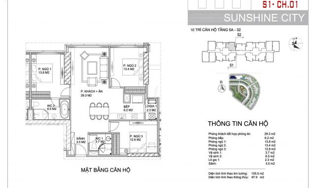 Bán căn hộ 3PN full nội thất cao cấp Sunshine City nhận nhà ngay, giá chỉ từ 4,6 tỷ. LH 0983650098