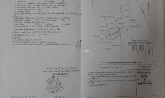 Bán nhà riêng tại đường 12, Phường Tam Bình, Thủ Đức, Hồ Chí Minh diện tích 40.9m2 giá 3 tỷ