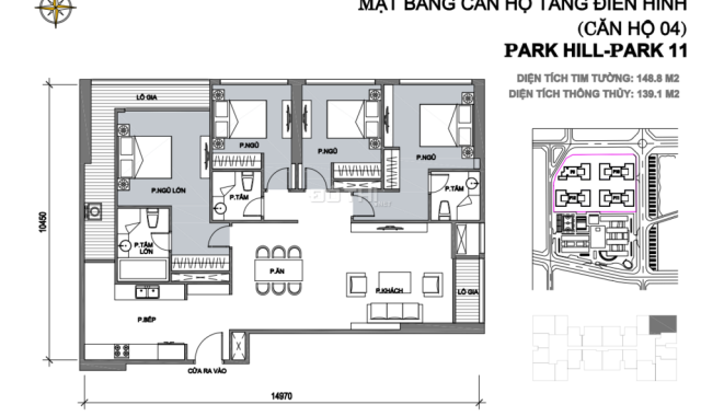 Tòa Park 11 - căn số 07 Diện tích 144m2 Tim tường, chia làm 4 phòng ngủ, 3 phòng vệ sinh