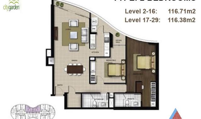 Cho thuê căn hộ tầng cao tháp B1, diện tích 116.38m2 City Garden được trang bị đầy đủ nội thất.