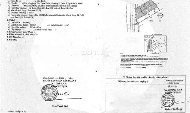 Bán nhà đất xây cao tầng MT Trần Quốc Toản, Q3, 605m2 đất, 3 sổ, XD 2 hầm + 8 tầng