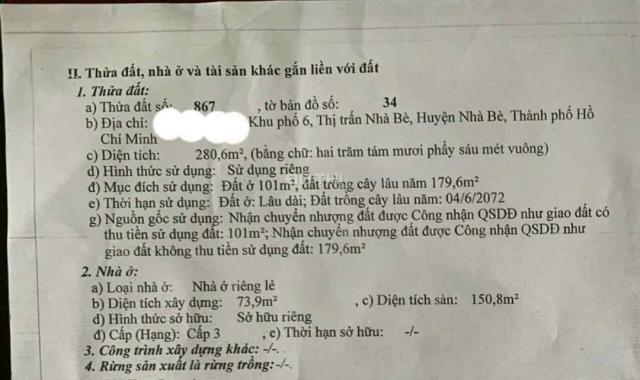 Nhà vườn hẻm 6m, thị trấn Nhà Bè. 280m2 đất, 5,8 tỷ