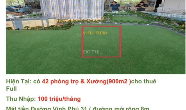 Kẹt tiền bán gấp Xưởng (900m2) + 42 căn nhà trọ (1700m2). Đường Vĩnh Phú 31 nhựa 8m. Thu nhập 100tr