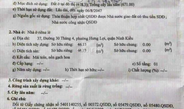 BÁN ĐẤT MẶT TIỀN ĐƯỜNG 30/4, Phường Hưng Lợi, QNK, TPCT, (ngang Khách sạn Vũ Bình, gần bệnh viện