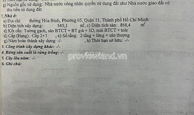 Bán nhà Quận 11, MT Hoà Bình, 550m2 đất, 4 tầng, đang làm phòng cho thuê