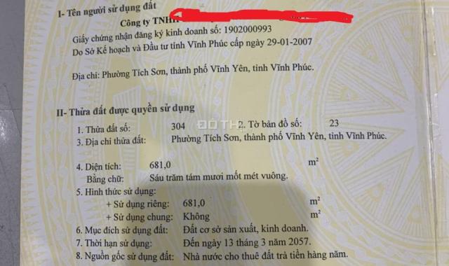 Bán nhà xưởng và đất 681 m2 ở Phường Tích Sơn, Tp Vĩnh Yên - Vĩnh Phúc