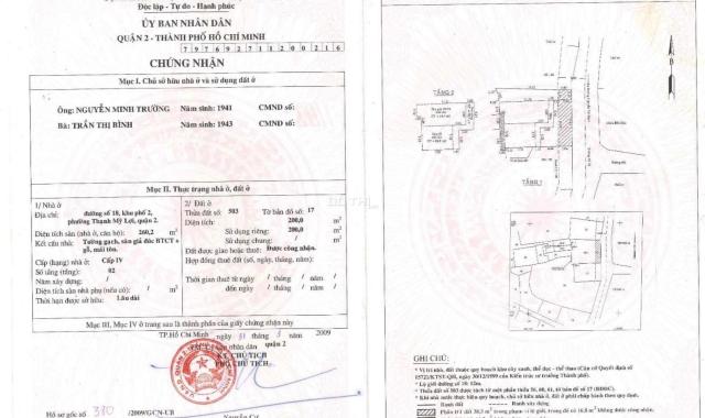 Bán nhà mặt đường số 18 gần chợ phường Thạnh Mỹ Lợi Q.2 (200m2) 17 tỷ Lh. 0918 481 296