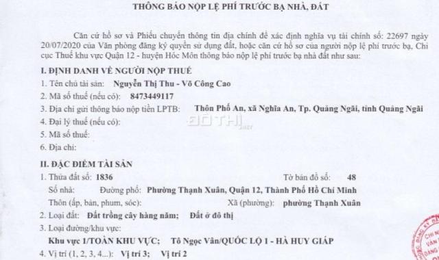 CẦN BÁN NHANH LÔ ĐẤT 2 MẶT TIỀN TRƯỚC SAU TẠI PHƯỜNG THẠNH XUÂN, QUẬN 12, TP. HỒ CHÍ MINH.