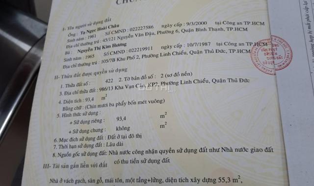 Bán nhà 2 MT hẻm 2m 986 Kha Vạn Cân  Phường Linh Chiểu TP Thủ Đức