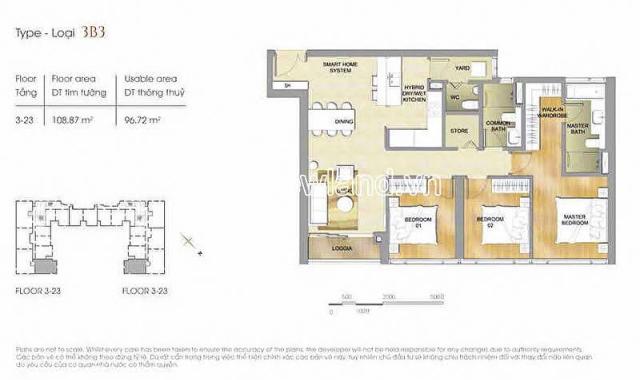 Căn hộ cao cấp cho thuê tại The Marq Quận 1 có diện tích 108.87m2, kiến trúc gồm 3 phòng ngủ
