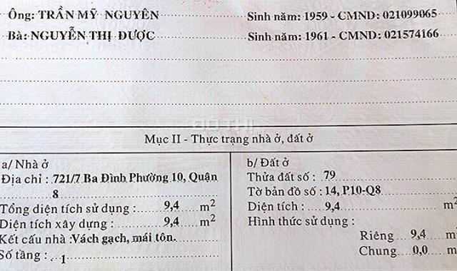 1,1 TỶ-  Bán nhà 721/7 Ba Đình, P10, Q8, SHR khu DCHH ngay chợ Ba Đình gần cầu Nguyễn Tri Phương