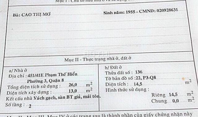 1,8 tỷ - Nhà 1 lầu 26m2 Phạm Thế Hiển P3 Q8 SHR đang cho thuê TN 5tr/tháng gần Cầu Mật