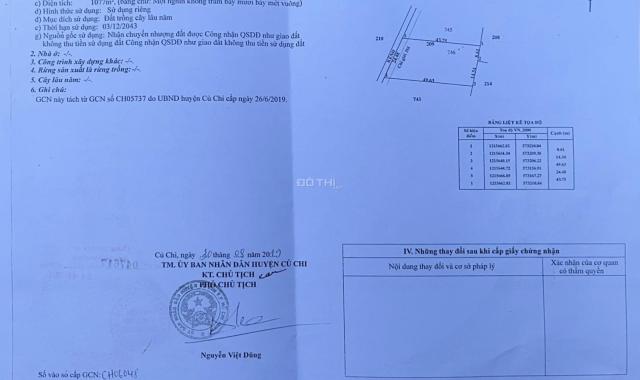 Cần bán lô đất phủ hồng 1077m giá 1,8tr/m gần cầu Bà Đập tỉnh lộ 7 xã Thái Mỹ,Củ Chi