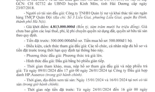 Ngân hàng quân đội bán đấu giá thanh lý phát mại nhà đất (tài sản thế chấp) tại Hải Dương 4,813 tỷ