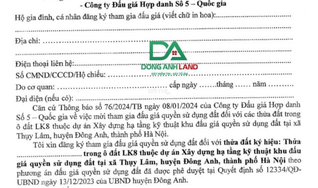 Thông Báo đấu giá đất xã Thụy Lâm huyện Đông Anh ngày 28/1/2024