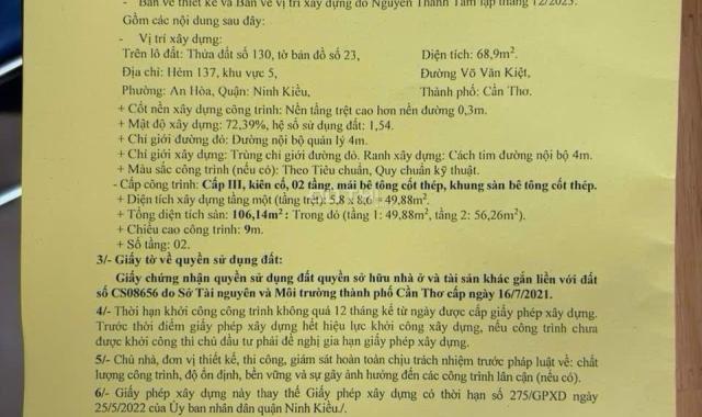 BÁN NỀN THỔ CƯ 69m2 ĐƯỜNG VÕ VĂN KIỆT , PHƯỜNG AN HOÀ , NINH KIỀU , CẦN THƠ